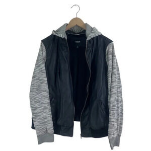 Torrid Black Faux Leather & Marled Grey Terry Bomber Jacket Size 1 Hooded